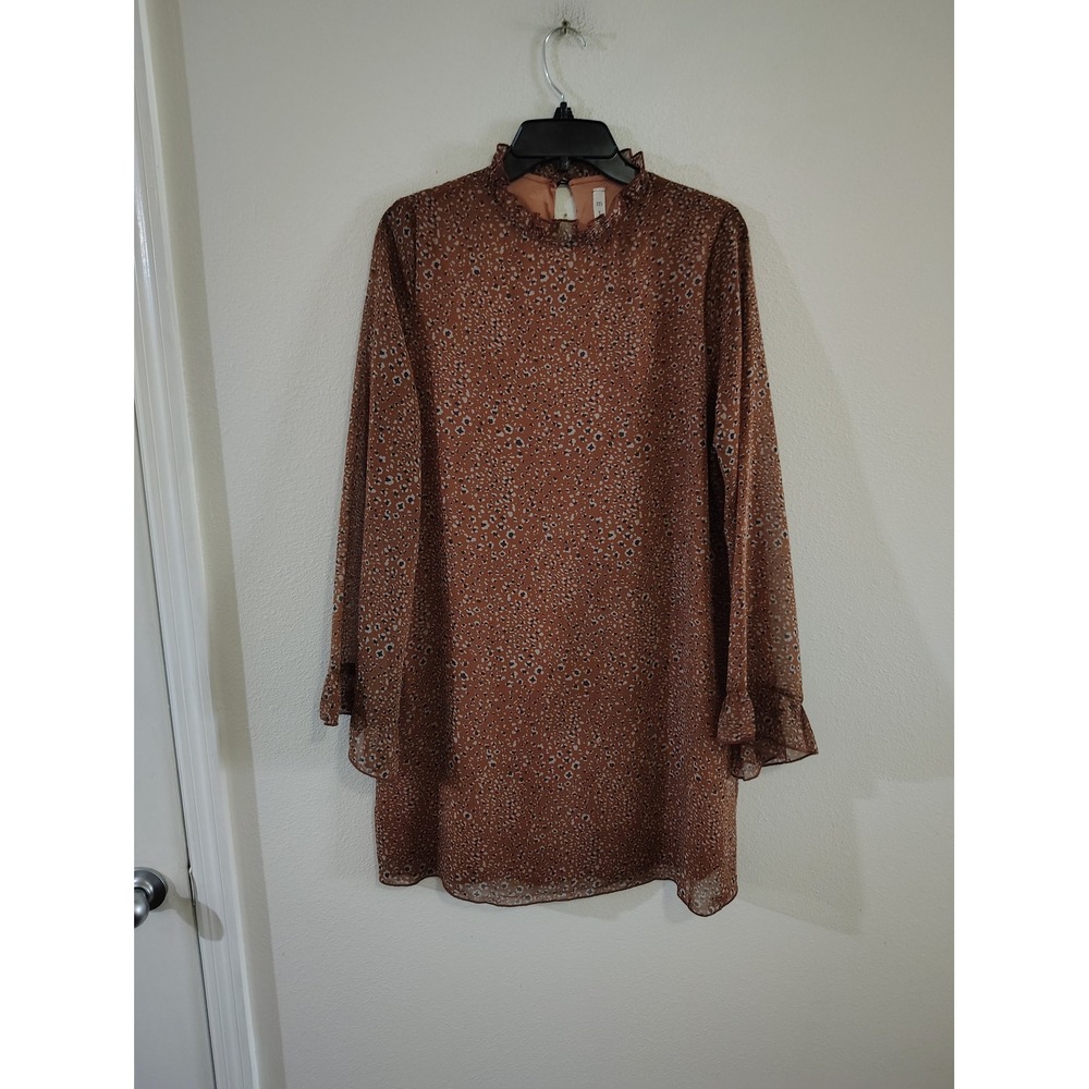 MTS Womens Brown Animal Print Mock Neck Ruffle Mini Dress Medium